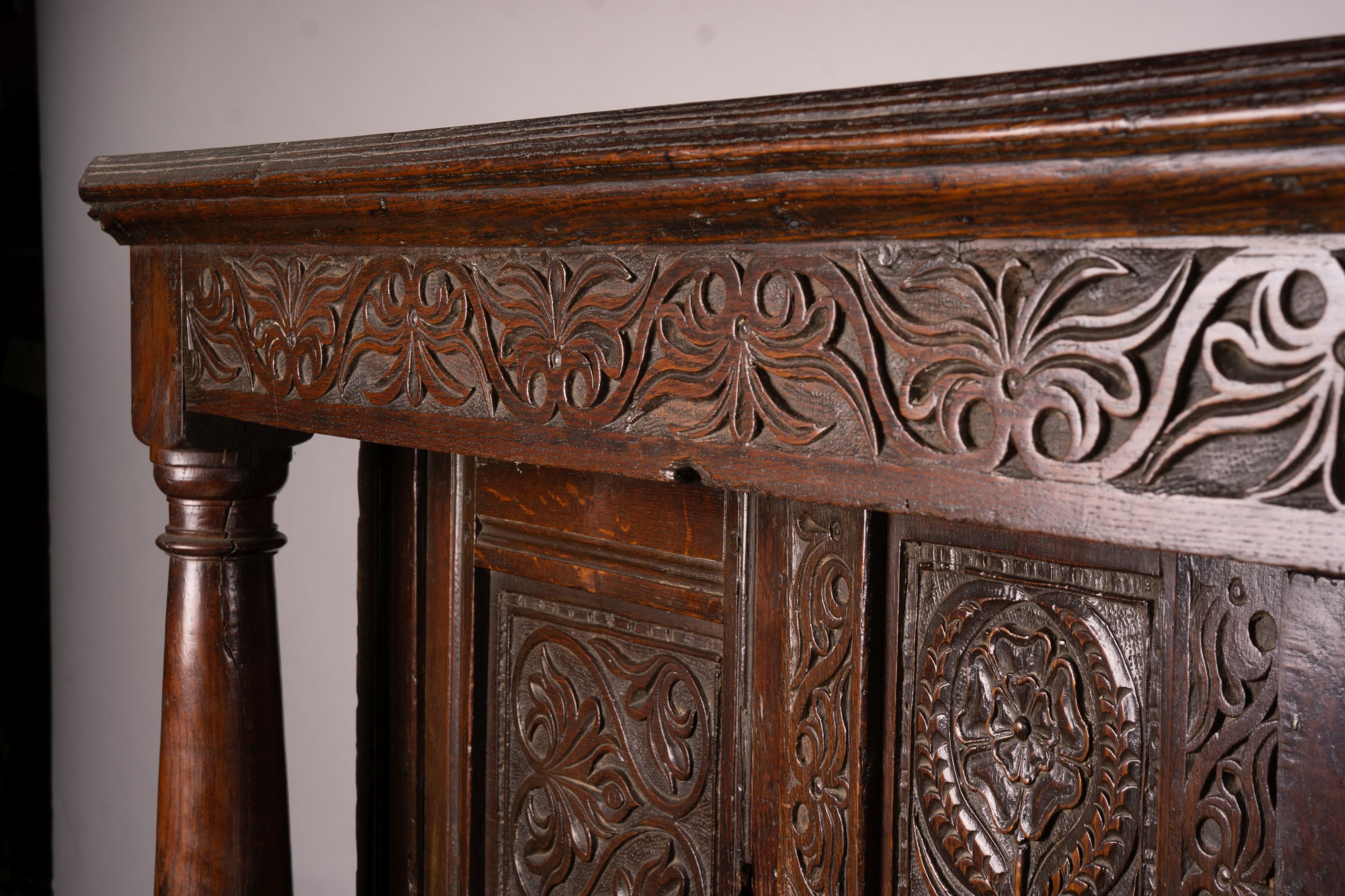 An early 18th century oak court cupboard, width 128cm, depth 59cm, height 172cm